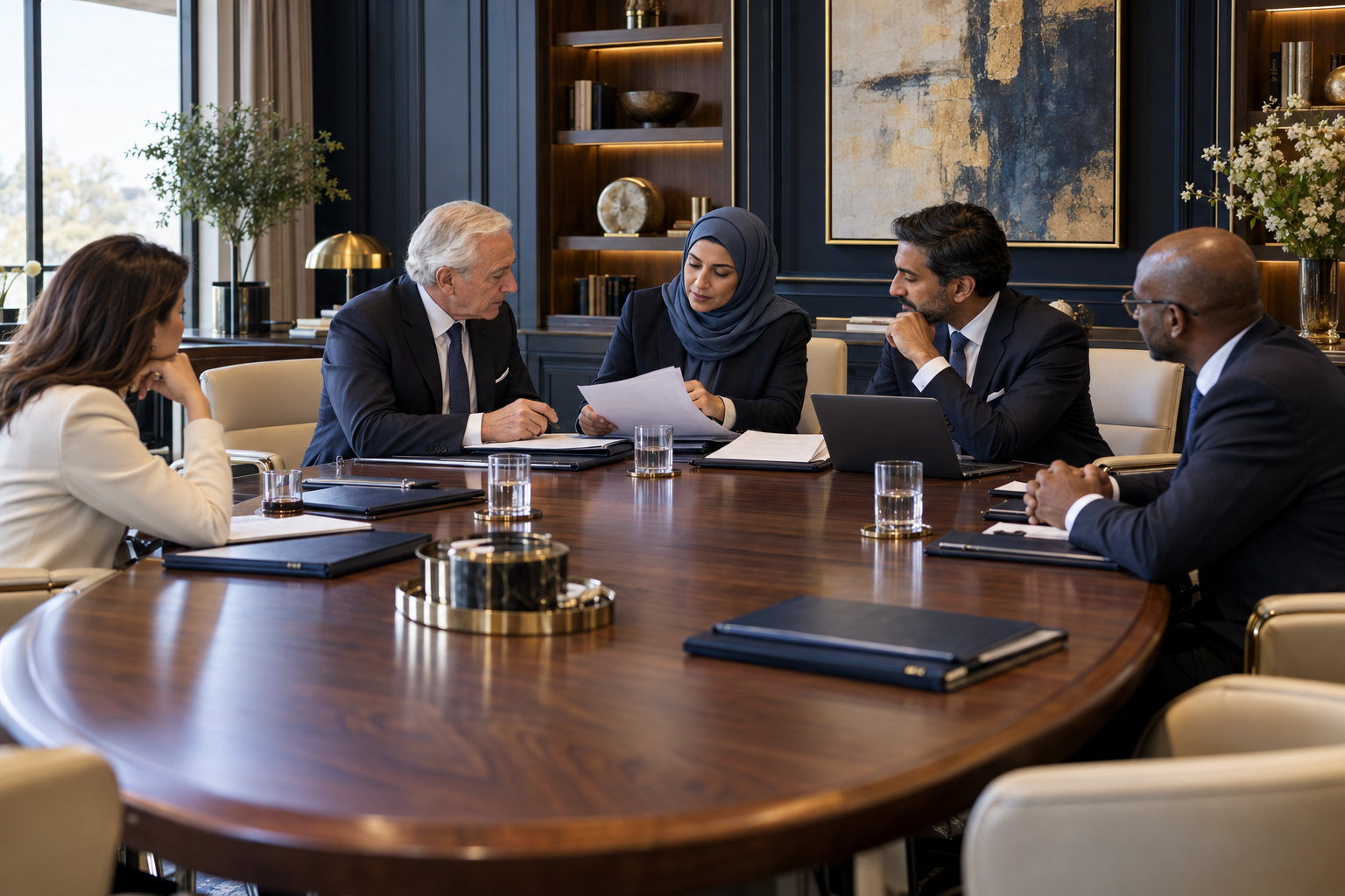Partners reviewing documents at a board table